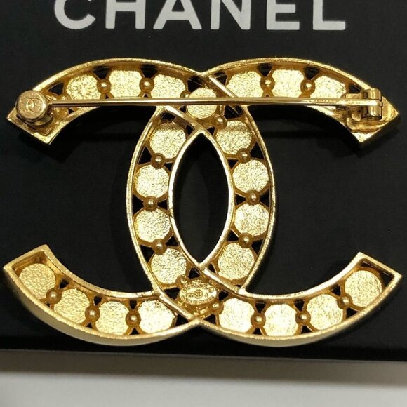 CHANEL CC Logo Rhinestone Brooch Gold Tone Pin - Picture 4 of 10